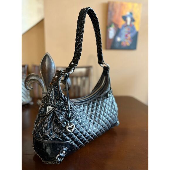 BRIGHTON - Quilted Black Patent Leather Hobo Shoulder Bag. Beautiful Condition! - Picture 8 of 15